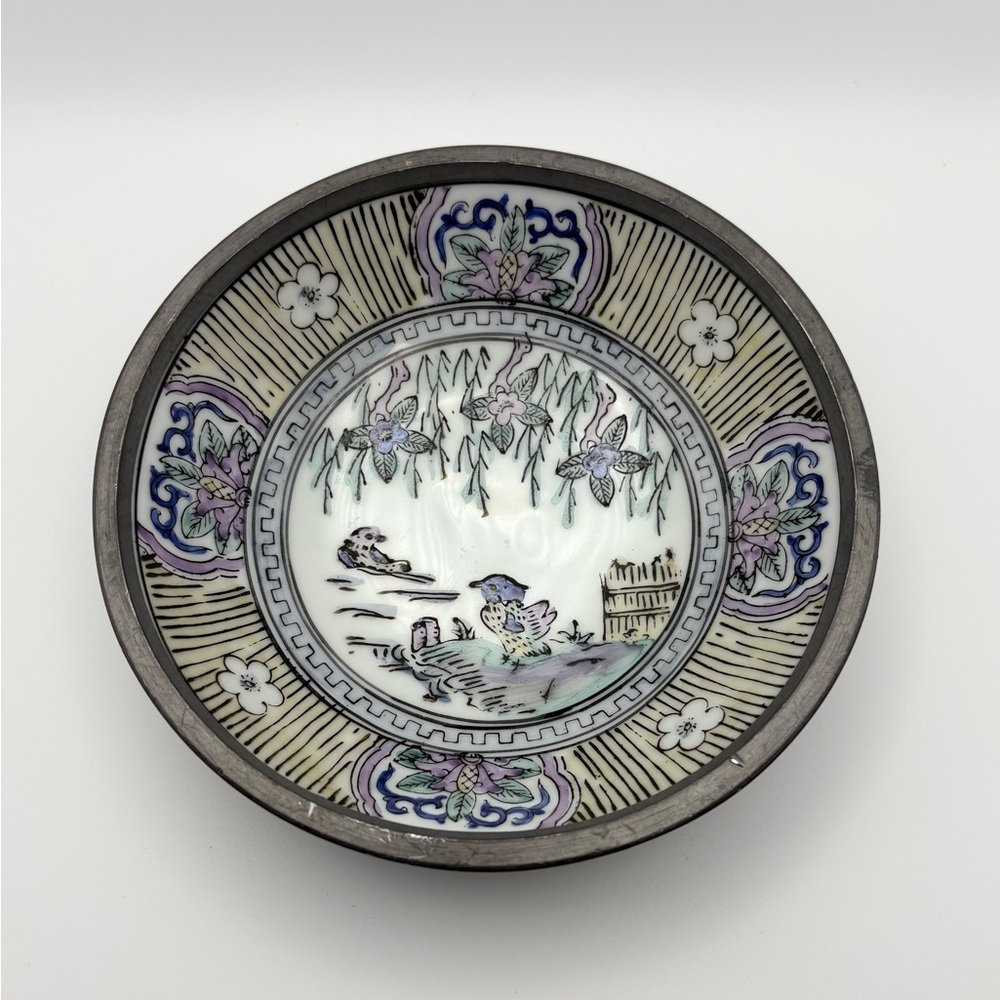 Vintage Japanese Porcelain Ware Pewter Bowl 6” Good Condition